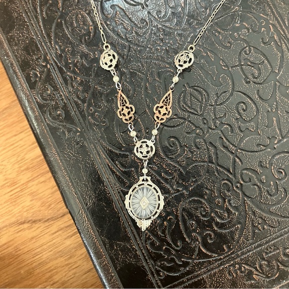 Antique Edwardian Art Deco 10k Gold Rock Crystal Diamond Lavaliere Necklace - Picture 12 of 15